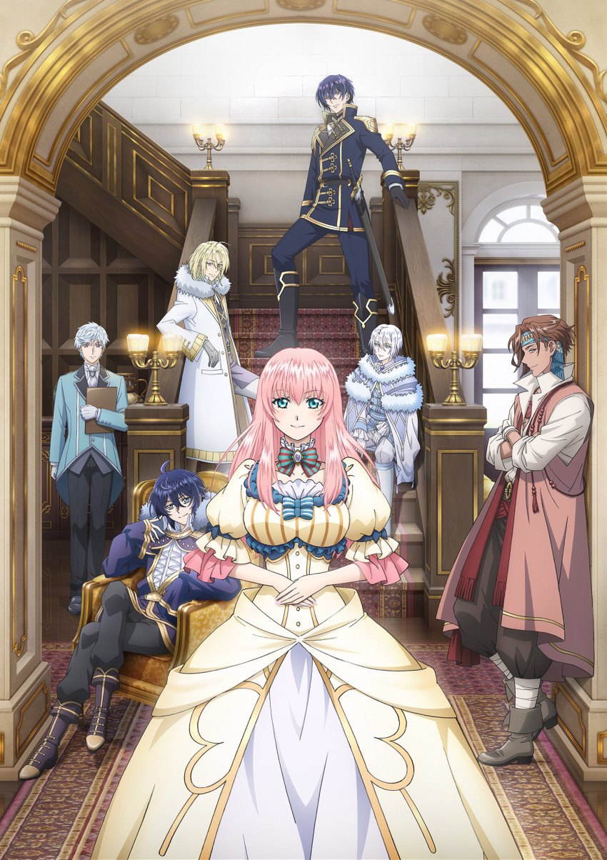 1girl, 6+boys, ahoge, aqua_eyes, arnold_hein, baggy_pants, black_footwear, black_gloves