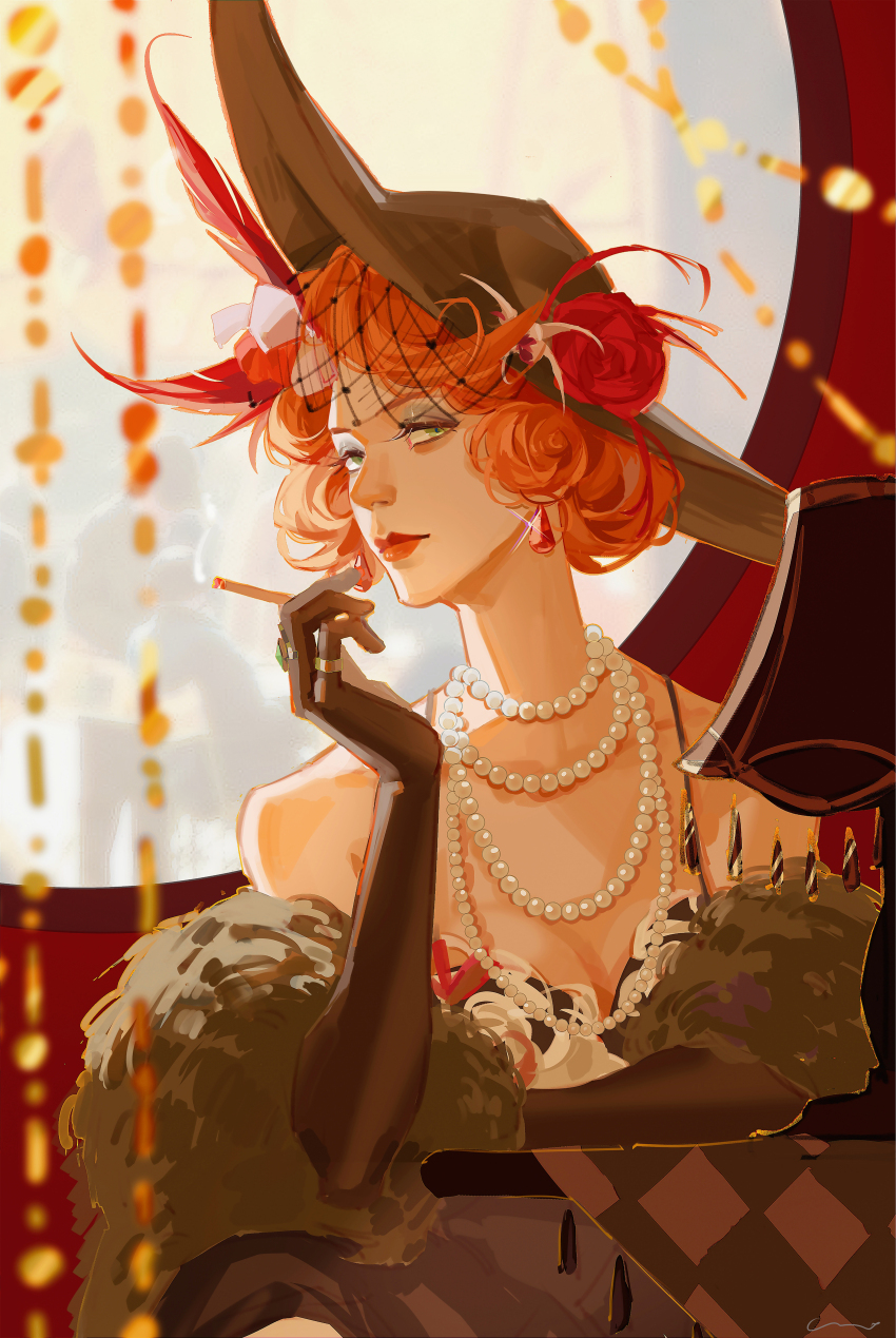 1girl, absurdres, arm_rest, bare_shoulders, bead_curtain, black_dress, black_gloves, blue_eyeshadow