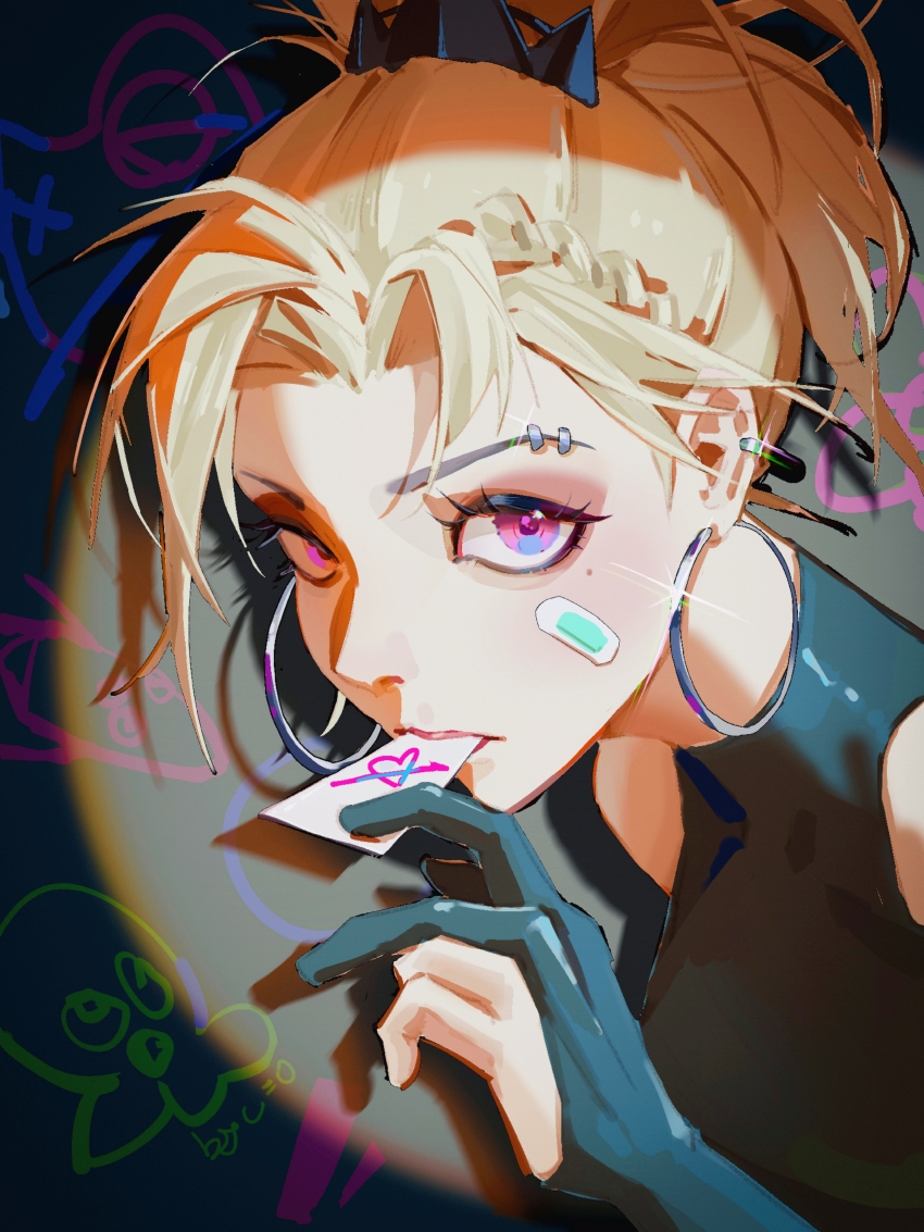 1girl, absurdres, bandaid, bandaid_on_cheek, bandaid_on_face, bare_shoulders, black_gloves, black_shirt