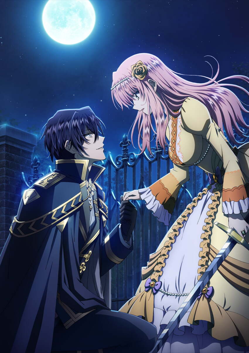 1boy, 1girl, arnold_hein, black_gloves, black_hair, dress, flower, from_side, full_moon, gloves, hair_flower, hair_ornament, highres, holding, holding_sword, holding_weapon, husband_and_wife, key_visual, kneeling, long_hair, long_sleeves, loop_7-kaime_no_akuyaku_reijou_wa_moto_tekikoku_de_jiyuu_kimama_na_hanayome_seikatsu_wo_mankitsu_suru, moon, night, official_art, pink_hair, promotional_art, rishe_irmgard_weitzner, short_hair, star_(sky), sword, weapon, yellow_dress