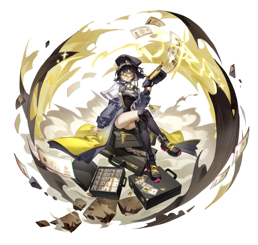 1girl, absurdres, banknote, beret, black_dress, black_eyes, black_footwear, black_hair