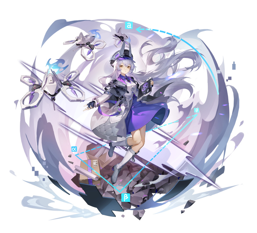 1girl, :o, absurdres, black_gloves, black_hat, boots, box, newsboy_cap