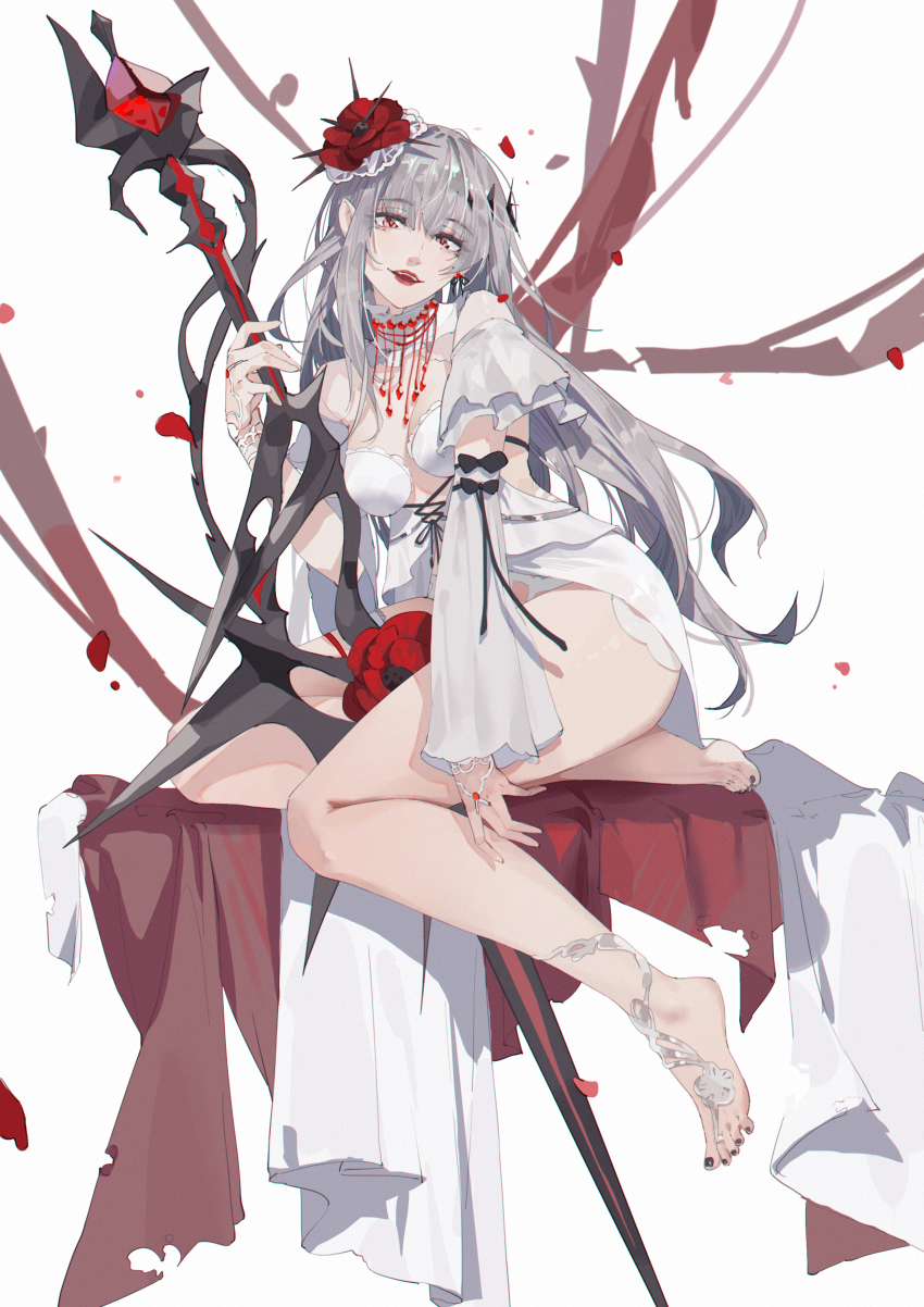 1girl, absurdres, bare_legs, bare_shoulders, barefoot, black_bow, black_nails, bow