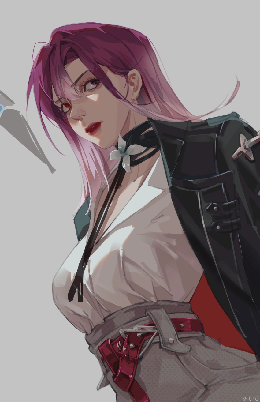 1girl, absurdres, belt, black_coat, black_eyeliner, blouse, breasts, buckle, c=o, cleavage, coat, eyeliner, floating, floating_object, flower, from_side, gradient_hair, grey_background, grey_pants, hair_between_eyes, heterochromia, high-waist_pants, highres, lapels, lips, long_hair, makeup, medium_breasts, multicolored_hair, neck_flower, neck_ribbon, notched_lapels, open_belt, open_clothes, open_coat, pants, parted_lips, path_to_nowhere, pink_hair, polka_dot_pants, purple_eyes, purple_hair, red_belt, red_eyes, red_lips, ribbon, shalom_(path_to_nowhere), shirt, simple_background, single_hair_intake, solo, two-sided_fabric, upper_body, v-neck, white_flower, white_shirt