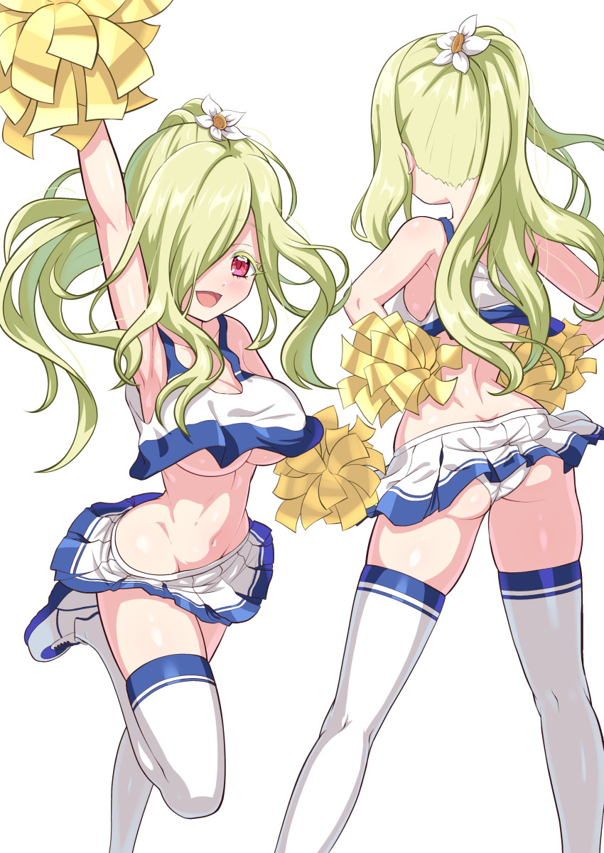 1girl, armpits, ass, blush, breasts, butt_crack, cheerleader, cleavage, flower, green_hair, hair_flower, hair_ornament, hair_over_one_eye, highres, jashin-chan_dropkick, large_breasts, long_hair, looking_at_viewer, microskirt, midriff, multiple_views, mumyou_ishi, navel, open_mouth, panties, persephone_(jashin-chan_dropkick), pom_pom_(cheerleading), ponytail, red_eyes, simple_background, skirt, smile, thighhighs, underboob, underwear, white_background, white_panties, white_thighhighs
