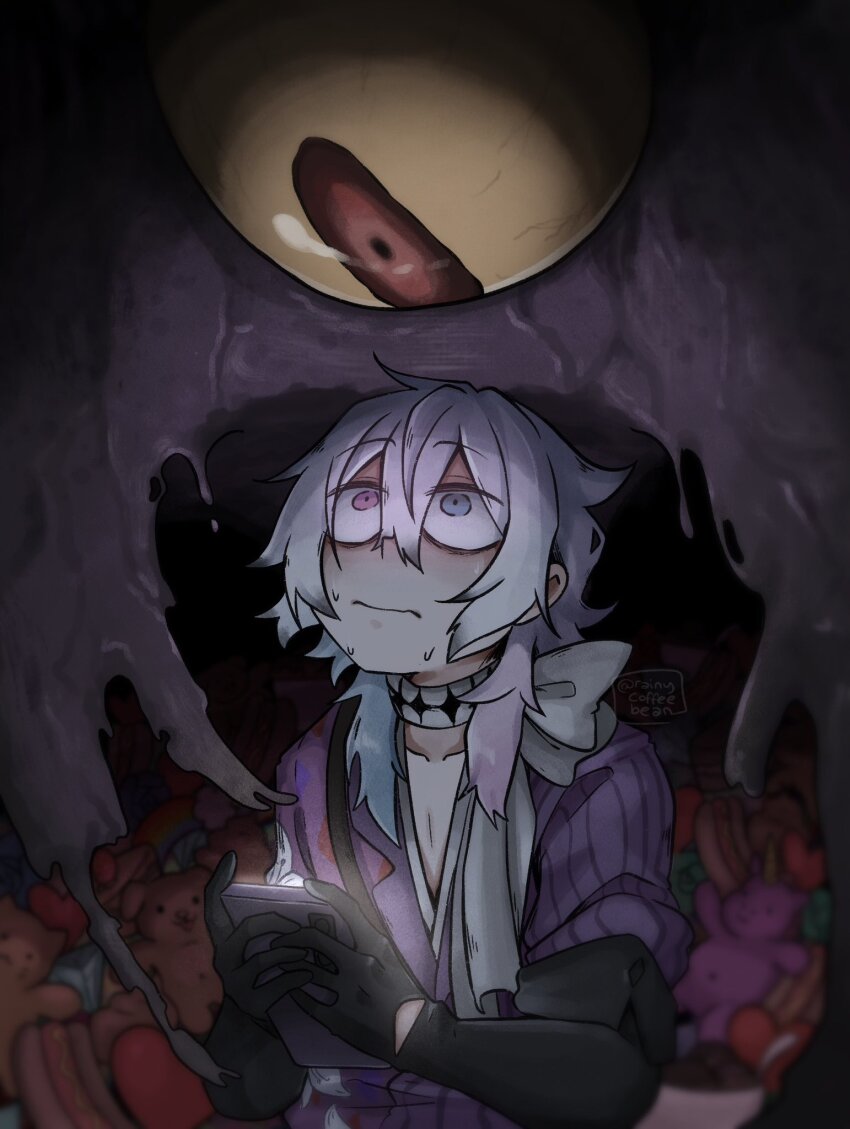 1boy, androgynous, black_gloves, blue_eyes, blue_hair, coat, colored_sclera, commentary