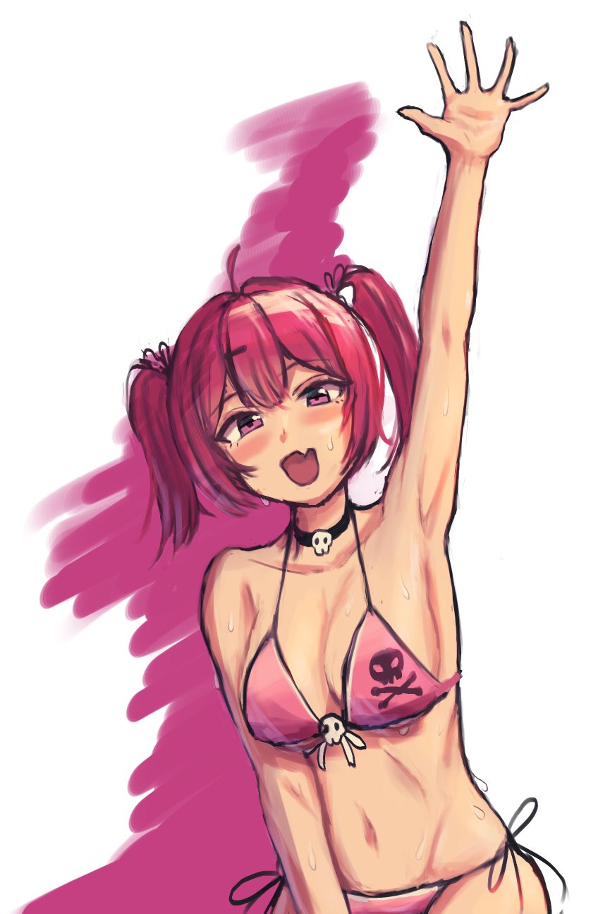 1girl, :d, arm_up, armpits, bare_shoulders, bikini, black_hair, blush