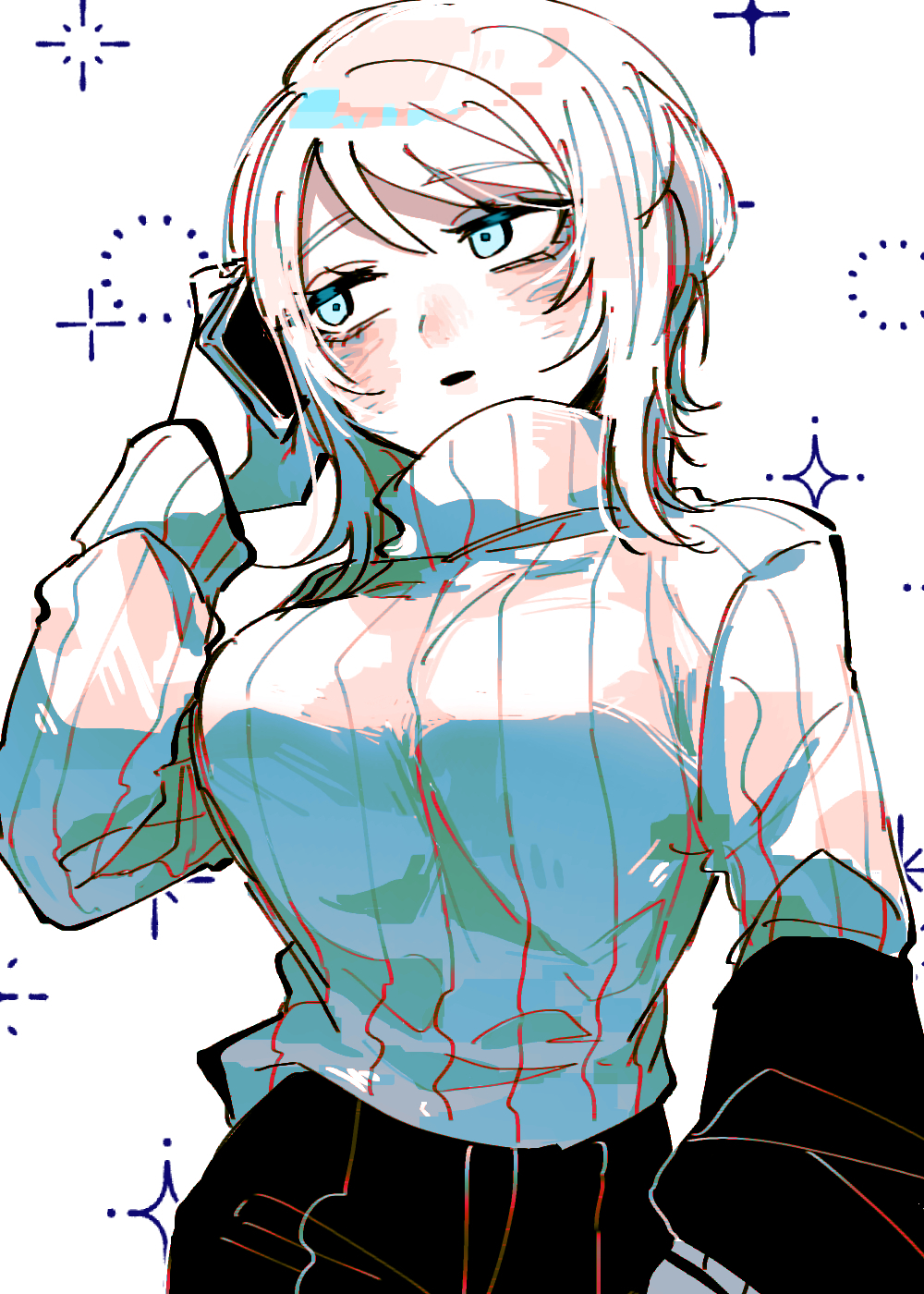 1girl, black_pants, blue_eyes, breasts, cowboy_shot, faust_(project_moon), hand_up, highres