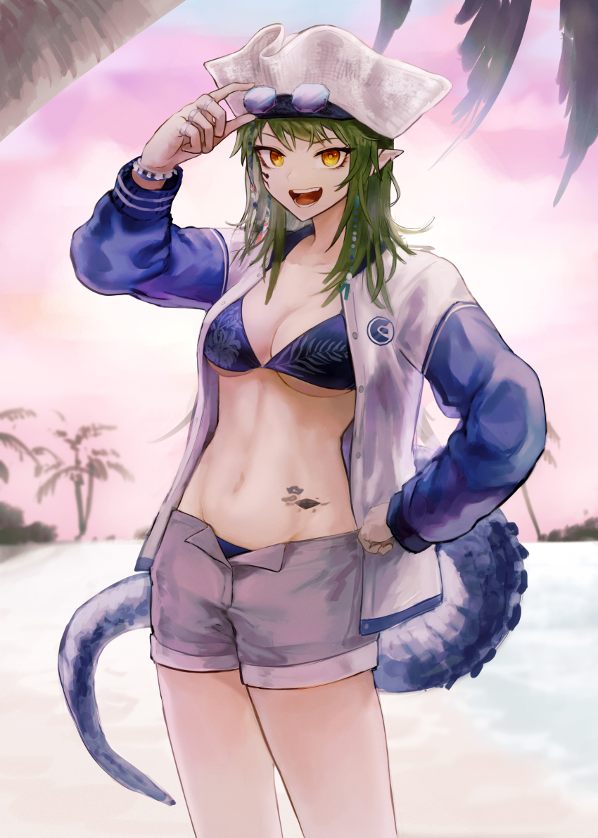 1girl, absurdres, aiv, arknights, blue-tinted_eyewear, breasts, cleavage, crocodilian_tail