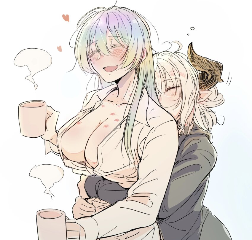 2girls, bite_mark, bite_mark_on_shoulder, black_jacket, blush, breasts, cleavage, closed_eyes, collarbone, collared_shirt, cup, cupitan_(granblue_fantasy), granblue_fantasy, grey_hair, heart, hickey, highres, holding, holding_cup, horns, hug, hug_from_behind, jacket, jingo_kajiki, large_breasts, long_hair, long_sleeves, morning_after, multicolored_hair, multiple_girls, partially_unbuttoned, rainbow_hair, shirt, short_hair, sidelocks, squeans, standing, steam, tristette_(granblue_fantasy), upper_body, white_background, white_shirt, yuri