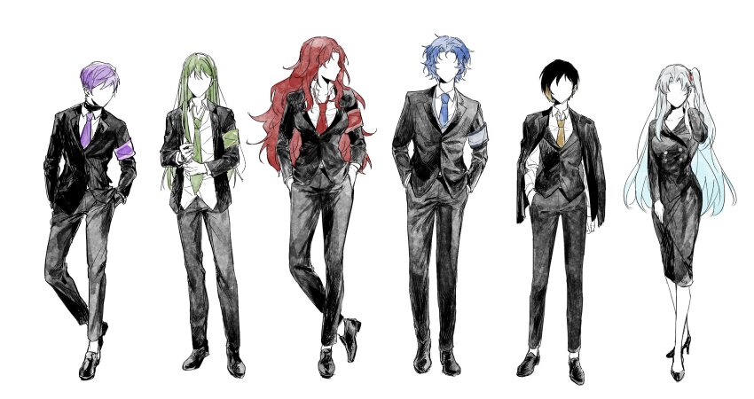 3boys, 3girls, angela_(project_moon), binah_(project_moon), black_hair, black_jacket, black_pants, blue_hair