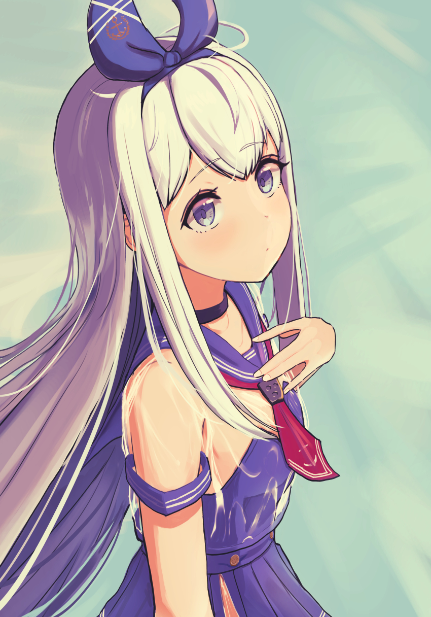1girl, absurdres, anchor_(nikke), black_choker, blue_dress, blue_hair, blue_ribbon, blue_sailor_collar