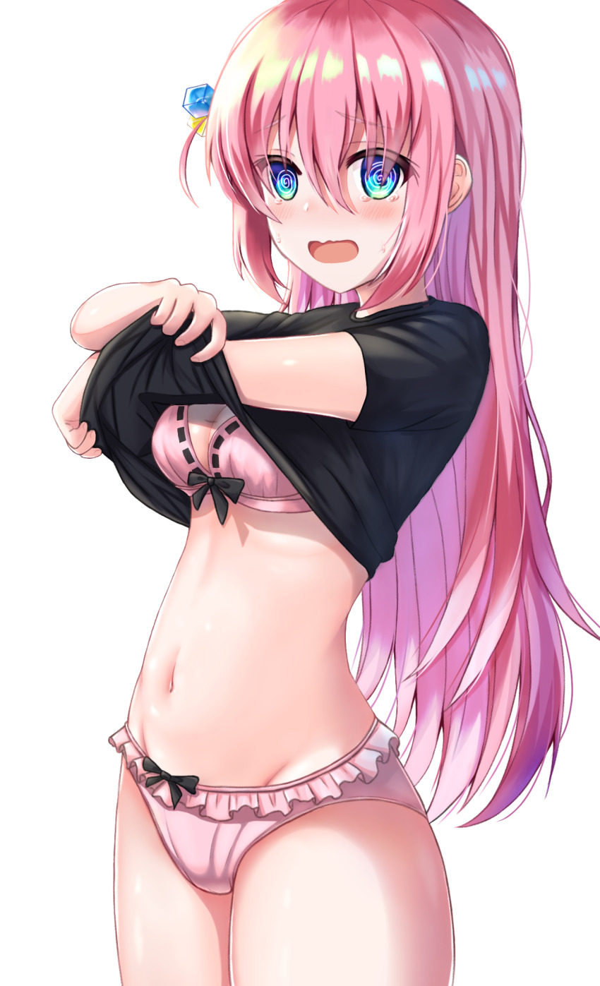 1girl, black_shirt, blue_eyes, bocchi_the_rock!, bra, cowboy_shot, cube_hair_ornament, gotoh_hitori, hair_ornament, highres, looking_at_viewer, mitsumoti_8, navel, open_mouth, panties, pink_hair, shirt, solo, t-shirt, underwear, unlikely_accident, wardrobe_malfunction