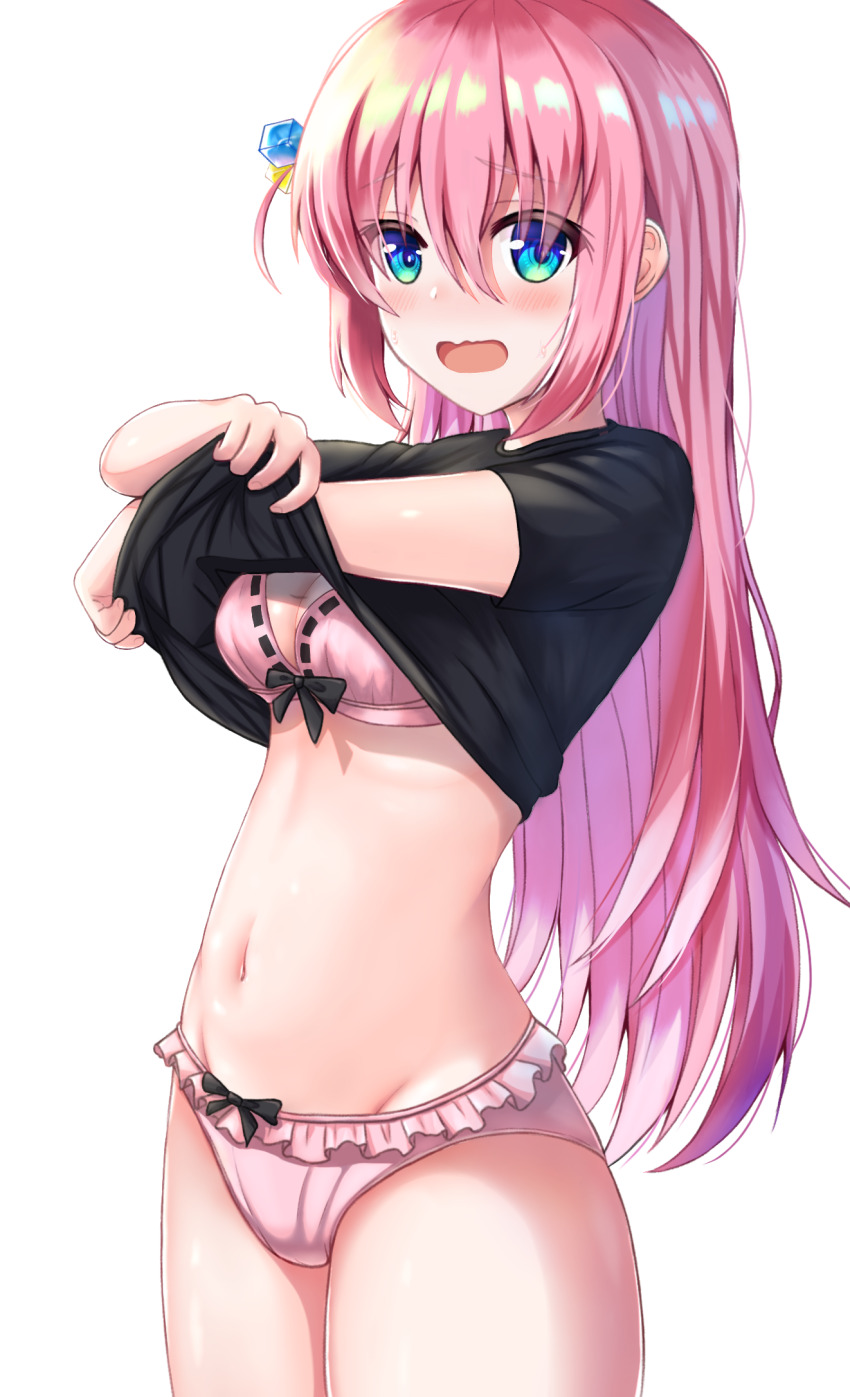 1girl, black_shirt, blue_eyes, bocchi_the_rock!, bra, cowboy_shot, cube_hair_ornament, gotoh_hitori, hair_ornament, highres, looking_at_viewer, mitsumoti_8, navel, open_mouth, panties, pink_hair, shirt, solo, t-shirt, underwear, unlikely_accident, wardrobe_malfunction