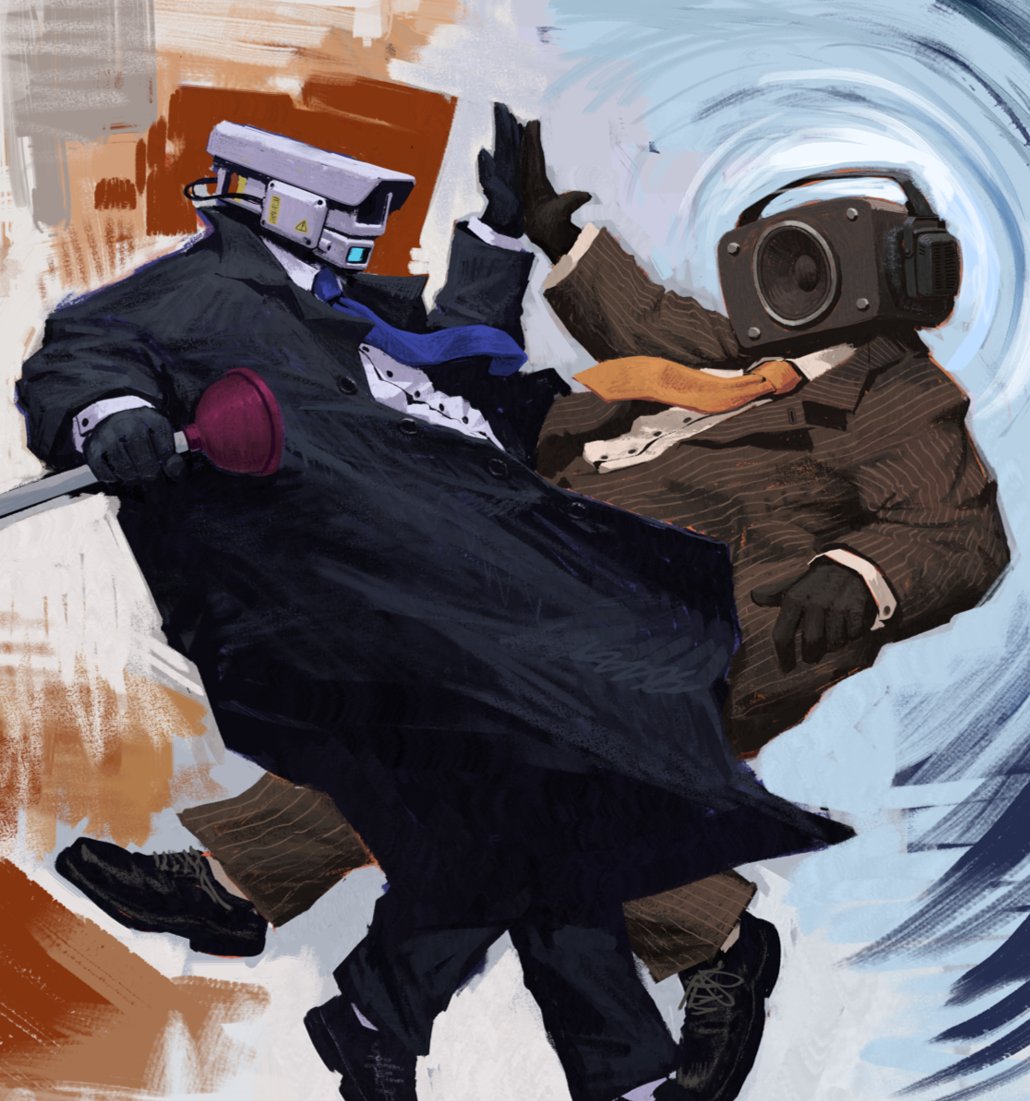 2boys, black_footwear, blue_coat, blue_necktie, bojler, brown_coat, brown_gloves, camera, camera_man_(skibidi_toilet), coat, collared_shirt, dress_shoes, gloves, long_sleeves, multiple_boys, necktie, object_head, plunger, shirt, skibidi_toilet_(series), speaker, speaker_man_(skibidi_toilet), white_shirt, yellow_necktie