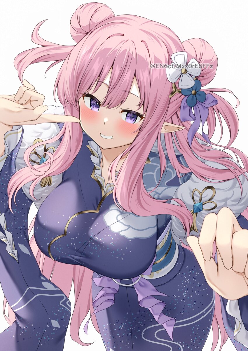 1girl, absurdres, blush, breasts, commentary, double_bun, flower, frilled_sleeves, frills, grin, hair_between_eyes, hair_bun, hair_flower, hair_ornament, hatsune_(new_year)_(princess_connect!), hatsune_(princess_connect!), highres, japanese_clothes, kimono, large_breasts, long_sleeves, obi, parted_bangs, pink_hair, pointing, pointing_at_self, pointy_ears, princess_connect!, print_kimono, purple_eyes, purple_flower, purple_kimono, sash, simple_background, smile, solo, watermark, white_background, white_flower, wide_sleeves, yamano_rokamizu