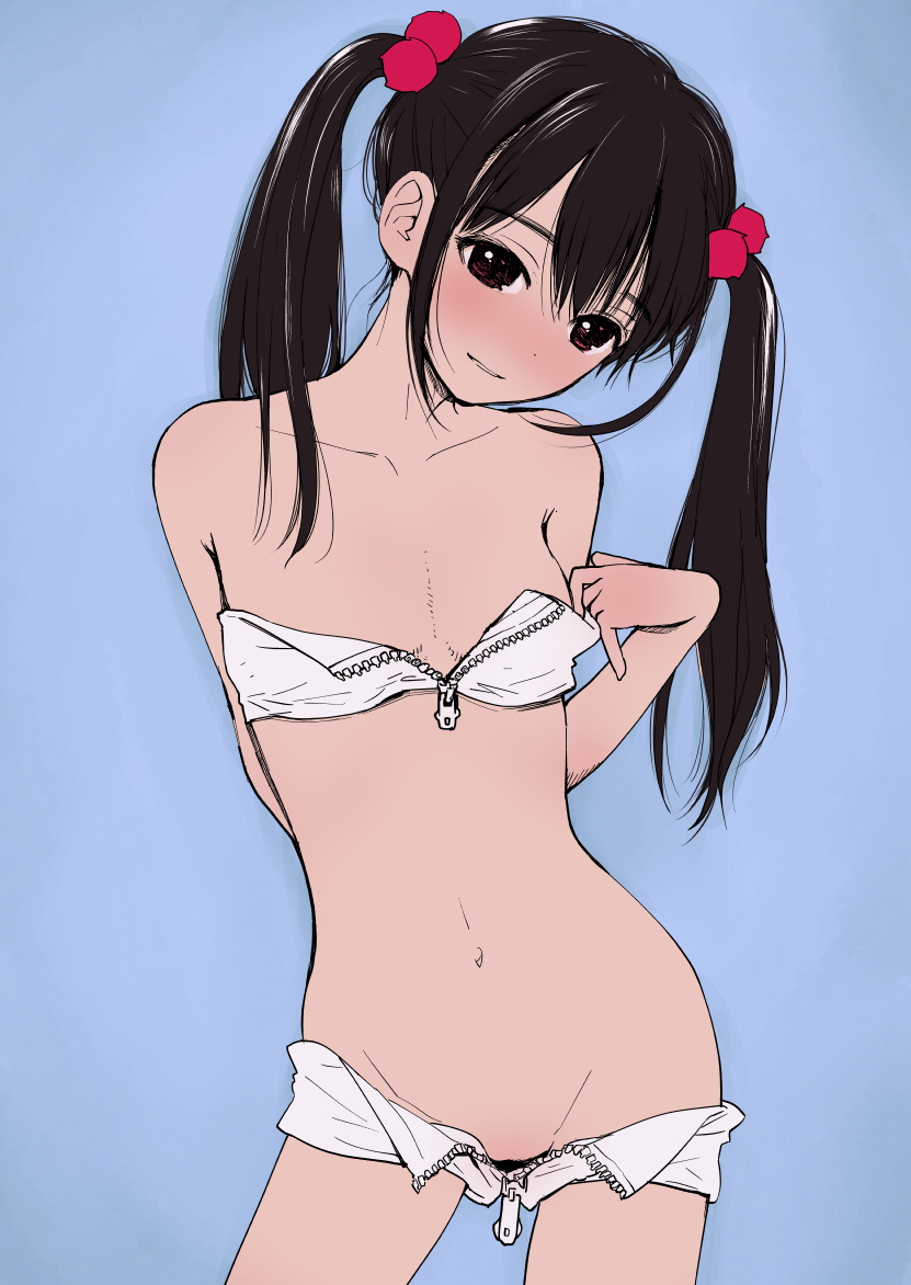 1girl, bare_shoulders, blue_background, blush, bra, collarbone, groin, hanamizawa_q-tarou, navel, original, simple_background, skinny, twintails, underwear, zipper