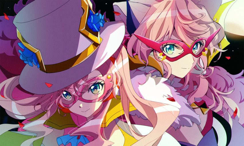 2girls, breasts, green_eyes, hat, highres, large_breasts, long_hair, looking_at_viewer, maria_cadenzavna_eve, maria_cadenzavna_eve_(another), mask, moon, multiple_girls, rhapsode, senki_zesshou_symphogear, senki_zesshou_symphogear_xd_unlimited, sideboob