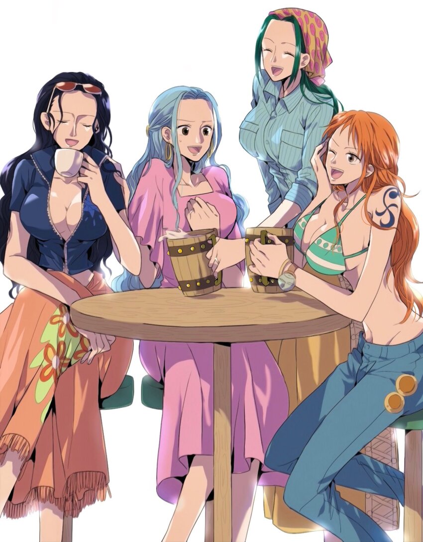 4girls, ^_^, arm_tattoo, bangle, beer_mug, bikini, bikini_top_only, black_hair, blue_hair, blue_jacket, blue_shirt, bracelet, breasts, cleavage, closed_eyes, collarbone, commentary_request, cropped_jacket, crossed_legs, cup, denim, dress, earrings, eyewear_on_head, green_bikini, green_hair, headscarf, highres, holding, holding_cup, jacket, jeans, jewelry, large_breasts, log_pose, long_dress, long_skirt, looking_at_another, makino_(one_piece), may_snmk, midriff, mug, multiple_girls, nami_(one_piece), nami_(one_piece)_(return_to_sabaody), nefertari_vivi, nico_robin, nico_robin_(return_to_sabaody), official_alternate_costume, one_eye_closed, one_piece, open_mouth, orange_hair, pants, pink_dress, pink_sarong, ring, sarong, shirt, short-sleeved_jacket, short_sleeves, shoulder_tattoo, sidelocks, simple_background, sitting, skirt, smile, striped_bikini, striped_clothes, striped_shirt, sunglasses, swimsuit, tattoo, teacup, vertical-striped_clothes, vertical-striped_shirt, white_background, yellow_skirt, zipper