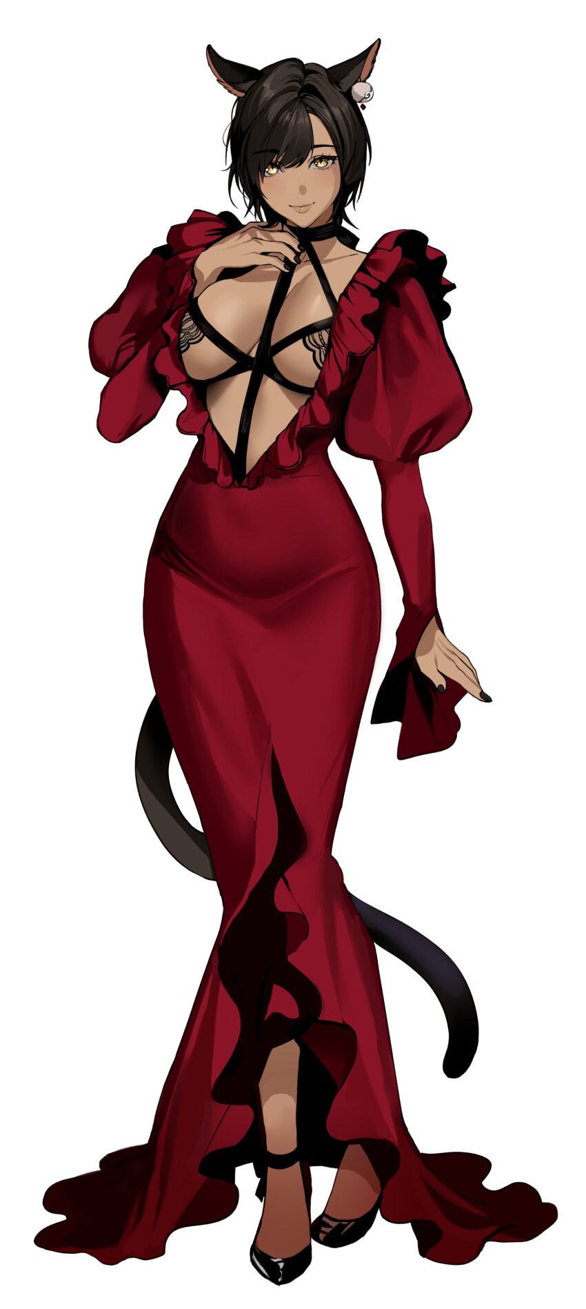 1girl, absurdres, animal_ears, arm_at_side, between_breasts, black_footwear, black_hair, black_nails