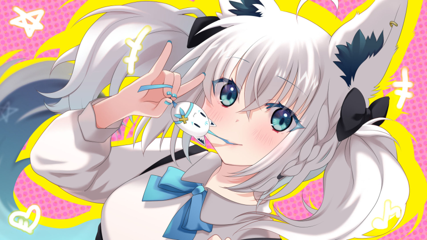 1girl, ahoge, animal_ear_fluff, animal_ears, black_bow, blue_nails, bow, braid