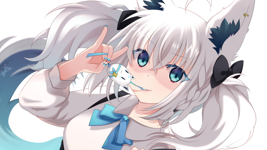 1girl, ahoge, animal_ear_fluff, animal_ears, black_bow, blue_nails, bow, braid