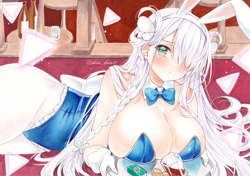 1girl, animal_ears, azur_lane, blue_bow, blue_bowtie, blue_leotard, blush, bow