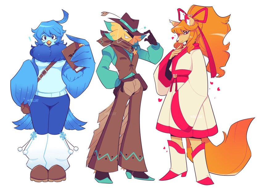 1boy, 2girls, animal_ears, artist_name, bag, bell, bird_girl, black_footwear, black_gloves, blue_eyes, blue_pants, book, boots, brown_footwear, brown_pants, brown_vest, ceroba, closed_mouth, commentary, falliay, fox_ears, fox_girl, fox_tail, furry, furry_female, gloves, green_shirt, grin, hand_on_own_hip, hat_tip, high_heel_boots, high_heels, highres, holding, holding_book, japanese_clothes, jingle_bell, kimono, leg_warmers, long_sleeves, looking_at_viewer, martlet_(undertale_yellow), multiple_girls, orange_fur, orange_hair, pants, ponytail, red_ribbon, ribbon, satchel, shirt, shoes, sleeves_past_wrists, smile, starlo, straw_(stalk), sweater, tail, undertale, undertale_yellow, utdr_(toby_fox), vest, white_footwear, white_kimono, white_sweater, wide_sleeves