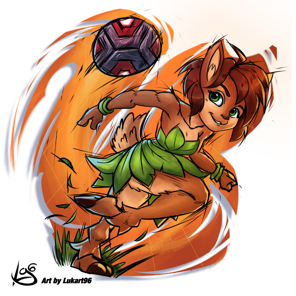 1girl, ball, breasts, brown_hair, dress, elora_(spyro), furry, green_eyes