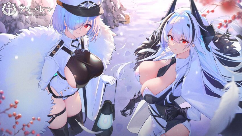 asymmetrical_clothes, azur_lane, bandaged_head, bandages, black_footwear, black_horns, black_necktie, blue_hair