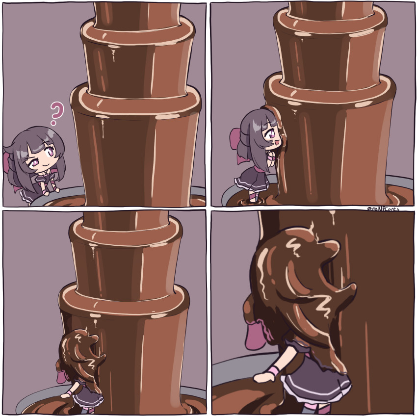 1girl, ?, bow, chibi, chibi_only, chocolate, chocolate_fountain, commentary, dress, eating, fallenshadow, hair_bow, highres, indie_virtual_youtuber, jack_and_jill_(movie), kiirokuma, meme, off-shoulder_dress, off_shoulder, open_mouth, solo, twitter_username, virtual_youtuber