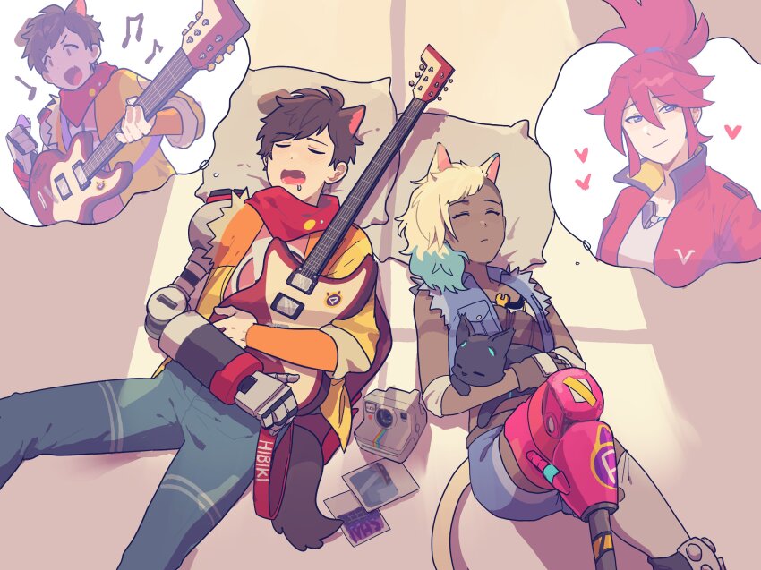 1d1ot, 808_(hi-fi_rush), animal_ears, blonde_hair, brown_hair, camera, cat, cat_ears, cat_tail, chai_(hi-fi_rush), colored_tips, dog_ears, dog_tail, dreaming, drooling, electric_guitar, guitar, heart, hi-fi_rush, highres, instrument, korsica_(hi-fi_rush), mechanical_arms, multicolored_hair, music, open_mouth, peppermint_(hi-fi_rush), photo_(object), pillow, playing_instrument, prosthesis, prosthetic_leg, red_hair, scarf, short_shorts, shorts, single_mechanical_arm, sleeping, smile, speech_bubble, tail, thought_bubble, torn_clothes, torn_sleeves