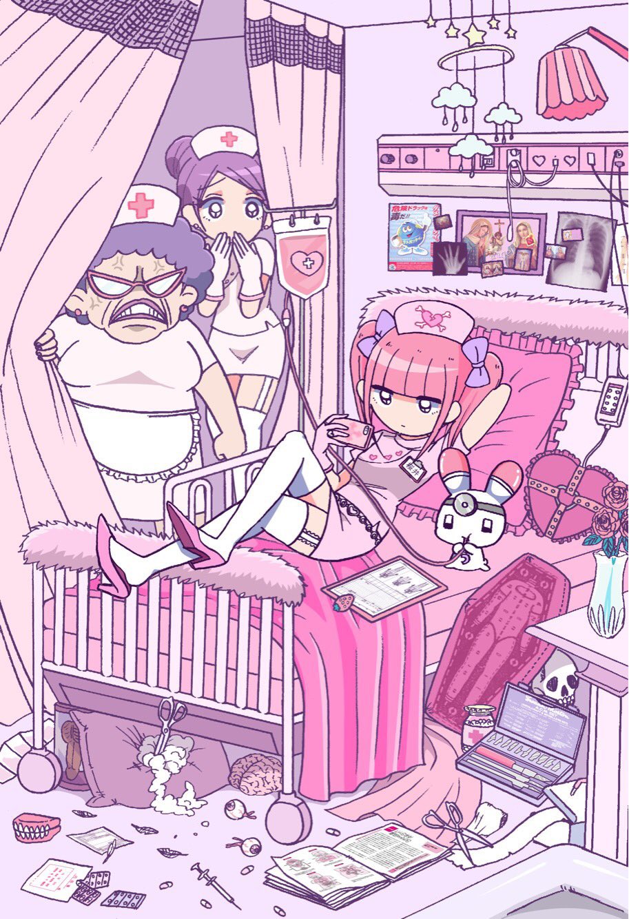 3girls, angry, apron, black_eyes, blood, blood_bag, blunt_bangs, bow