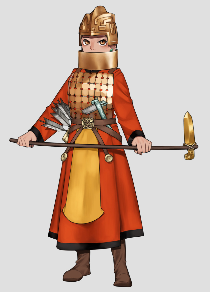 1girl, absurdres, armor, arrow_(projectile), boots, bronze, brown_eyes, brown_footwear, chinese_empire, dagger_axe, fu_hao, helmet, highres, holding, holding_weapon, military, neck_armor, pzkpfwi, quiver, real_life, red_robe, robe, shang_dynasty, weapon