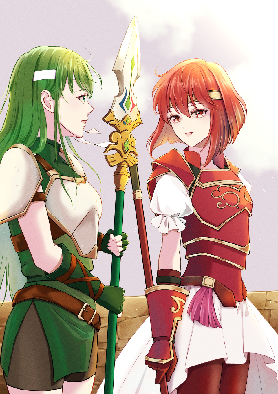 2girls, aged_down, armor, black_shorts, breastplate, dress, fingerless_gloves, fire_emblem