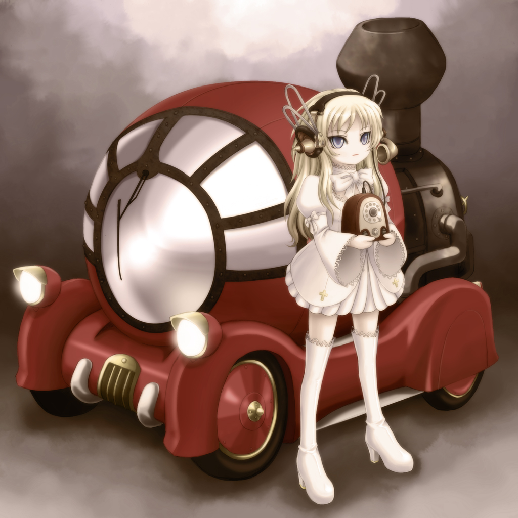 1girl, cross, female_focus, gothic_lolita, headset, lolita_fashion, mc-4, motor_vehicle