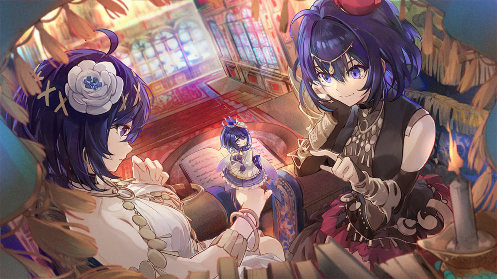 2girls, bare_shoulders, honkai_gakuen, blue_eyes, blue_hair, book, bracelet, breasts