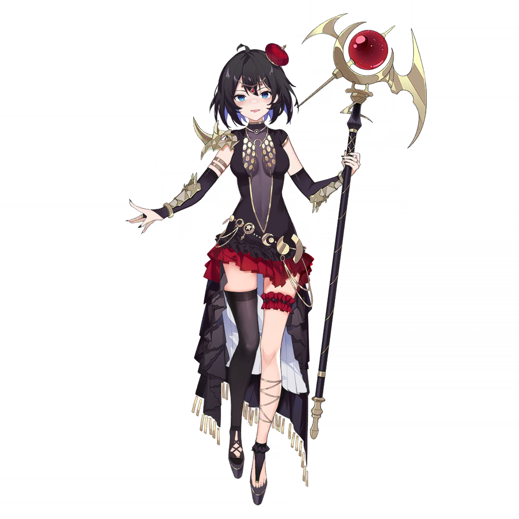 1girl, ahoge, armlet, honkai_gakuen, black_hair, black_nails, blue_eyes, blue_hair, bracelet, breasts, bridal_gauntlets, choker, full_body, hat, head_chain, holding, holding_staff, honkai_(series), jewelry, medium_breasts, mini_hat, multicolored_hair, nail_polish, official_art, sandals, seele_vollerei, seele_vollerei_(shahryar), single_thighhigh, staff, thigh_strap, thighhighs, third-party_source, transparent_background, two-tone_hair