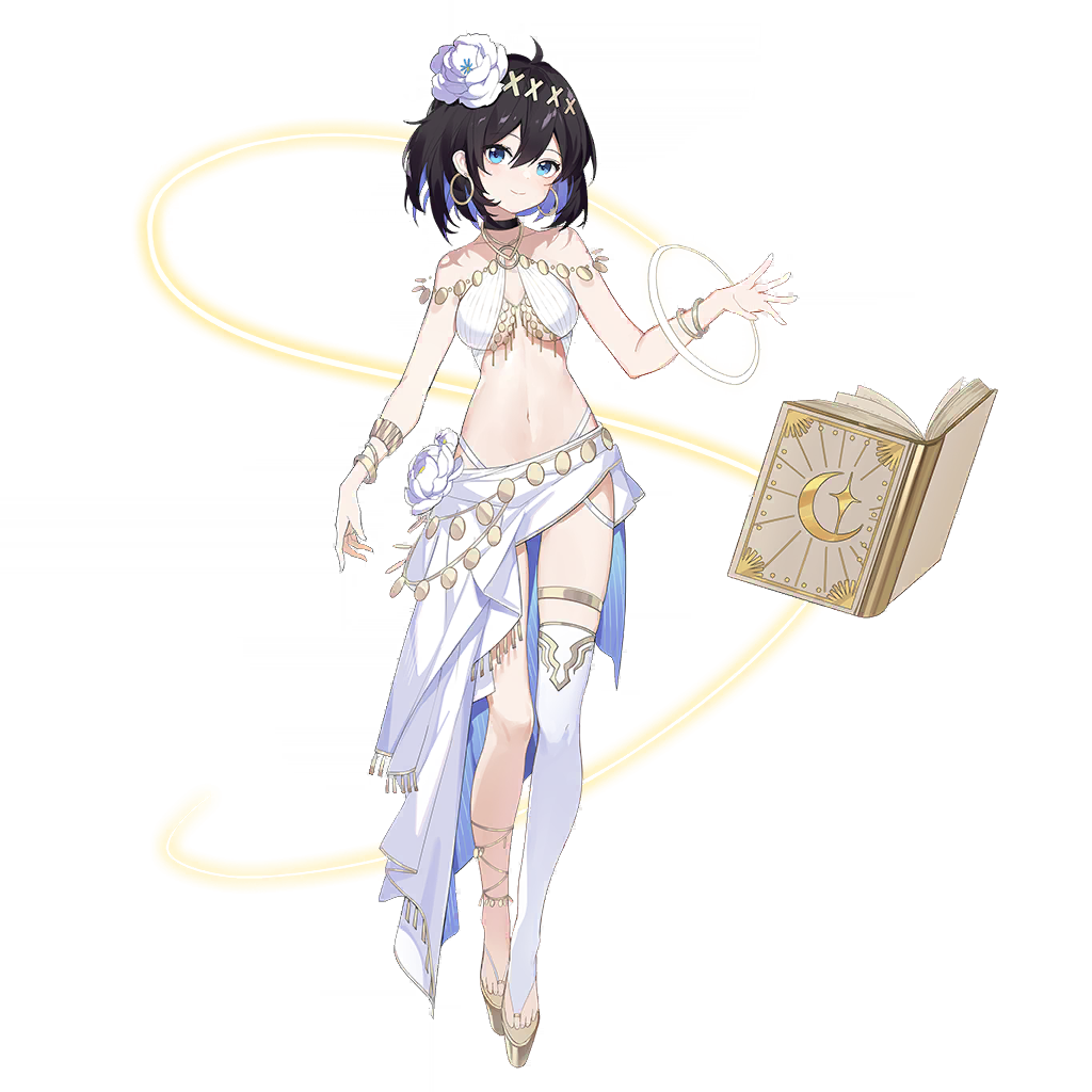 1girl, bare_shoulders, honkai_gakuen, black_hair, blue_eyes, blue_hair, book, bracelet, breasts, bridal_legwear, choker, earrings, floating, floating_book, floating_object, flower, full_body, hair_between_eyes, hair_flower, hair_ornament, honkai_(series), jewelry, medium_breasts, multicolored_hair, navel, official_art, sandals, seele_vollerei, seele_vollerei_(scheherazade), single_thighhigh, smile, solo, thighhighs, thighlet, third-party_source, transparent_background, two-tone_hair