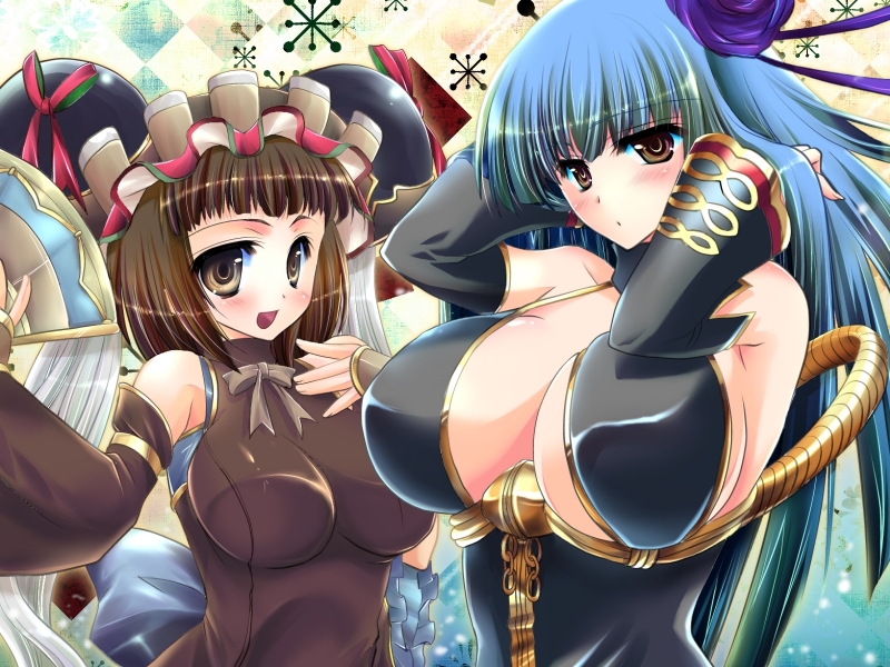 00s, 2girls, adjusting_hair, arms_up, blush, breasts, brown_eyes, brown_hair, center_opening, cleavage, cosplay, detached_sleeves, female_focus, flower, hair_ornament, hand_fan, hat, headdress, huge_breasts, kazuki_hiyori, large_breasts, long_hair, military, military_uniform, multiple_girls, open_mouth, sangokushi_taisen, selvaria_bles, selvaria_bles_(cosplay), senjou_no_valkyria, senjou_no_valkyria_(series), senjou_no_valkyria_1, silver_hair, sun_shang_xiang_(sangokushi_taisen), syuuki