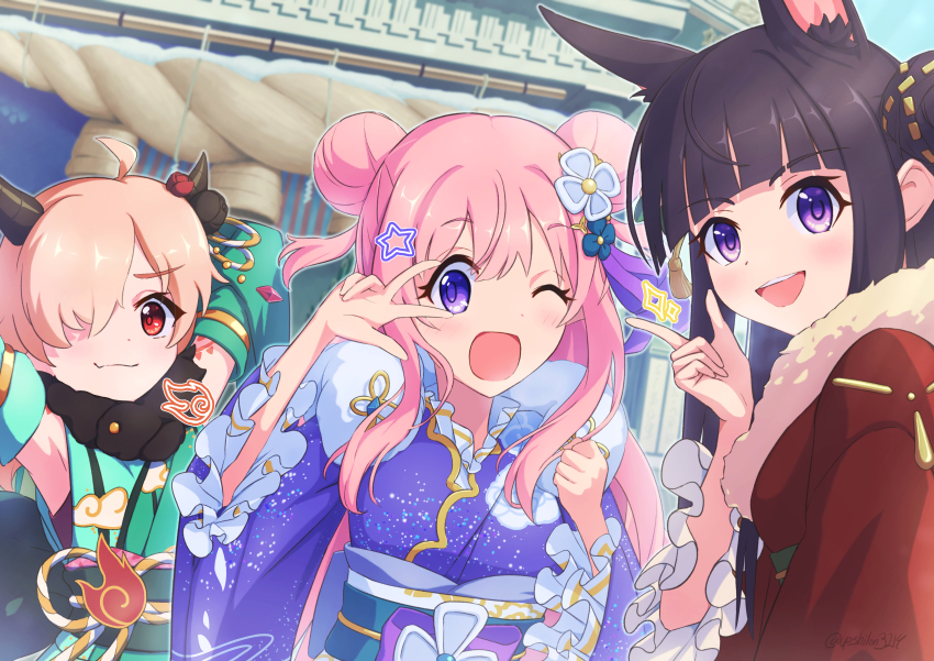 3girls, absurdres, alternate_costume, alternate_hairstyle, animal_ears, arms_up, black_hair, closed_mouth