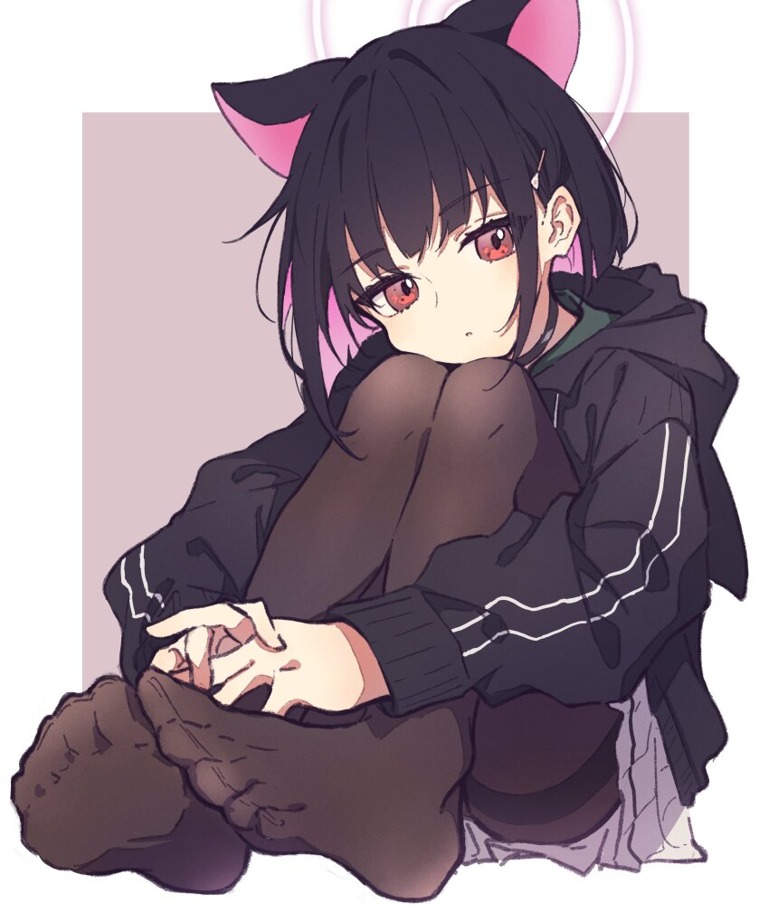 1girl, absurdres, aitekku, animal_ears, black_choker, black_hair, black_hoodie, black_pantyhose