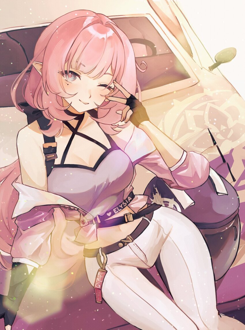 1girl, ;), bare_shoulders, black_gloves, breasts, camisole, car, cleavage