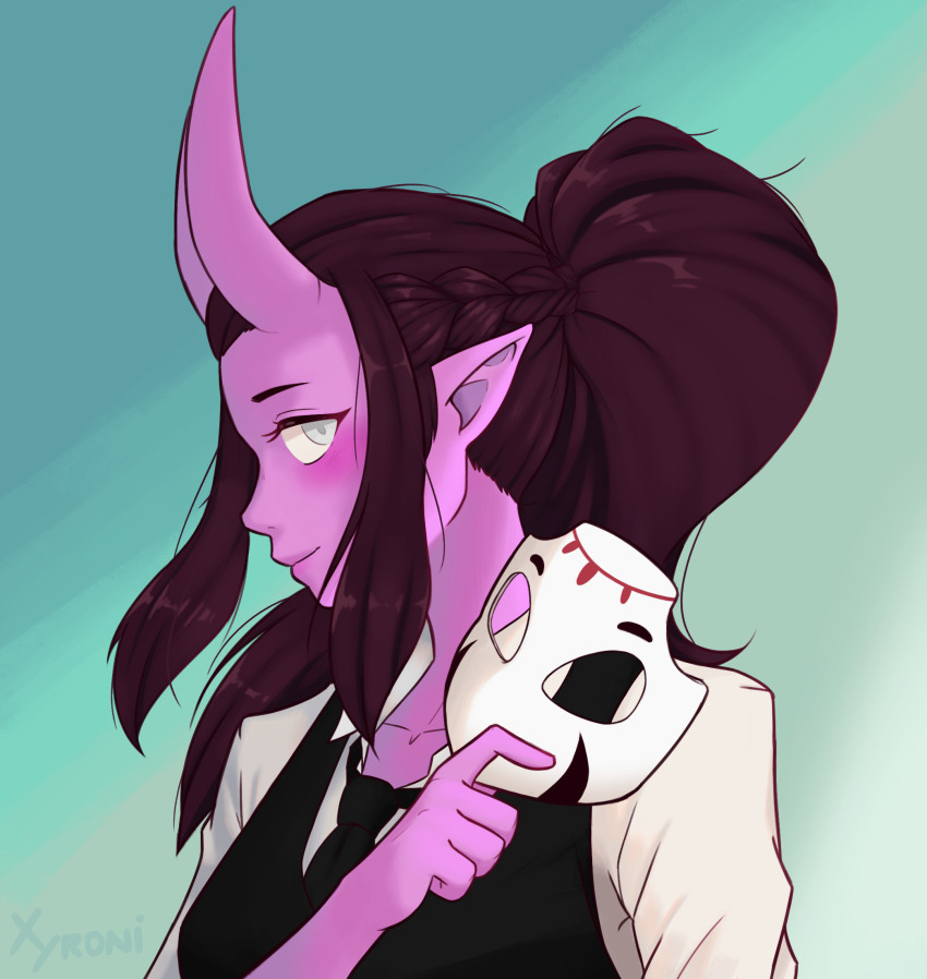 1girl, black_shirt, blue_background, blush, collarbone, colored_skin, grey_eyes, highres