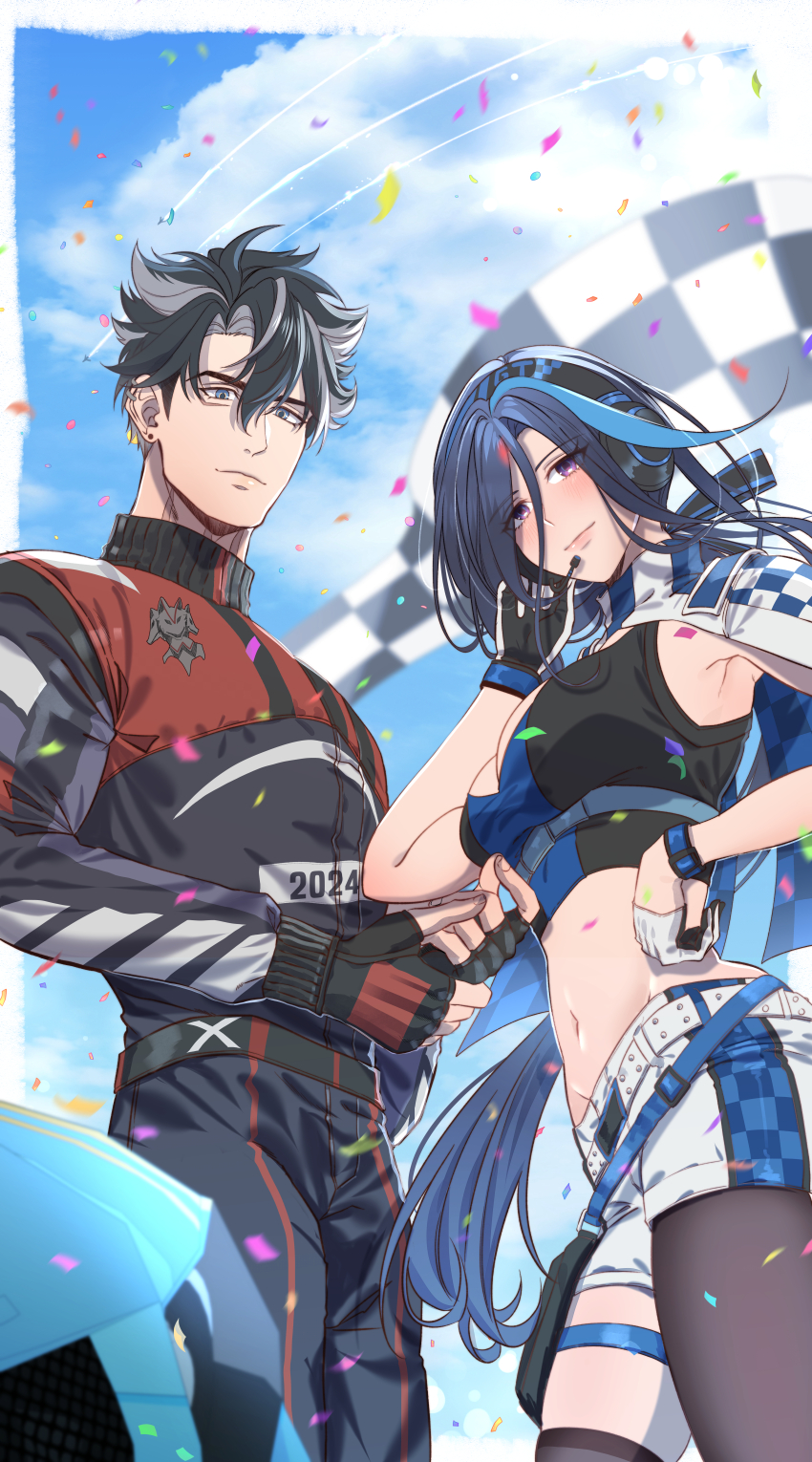 1boy, 1girl, absurdres, armpits, asymmetrical_legwear, bag, belt, black_hair