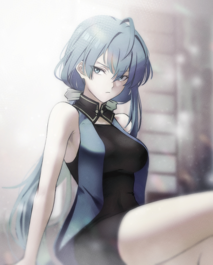 1girl, :/, ahoge, armpit_crease, bare_shoulders, black_collar, black_dress, blue_hair