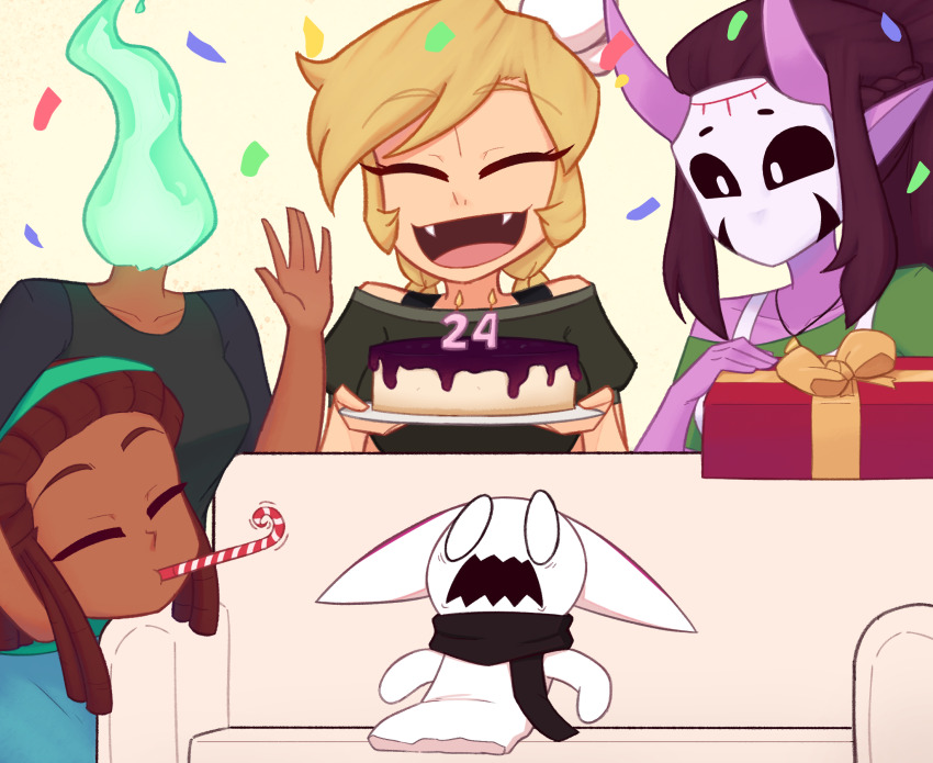 birthday, black_eyes, black_shirt, blonde_hair, box, brown_hair, cake, closed_eyes