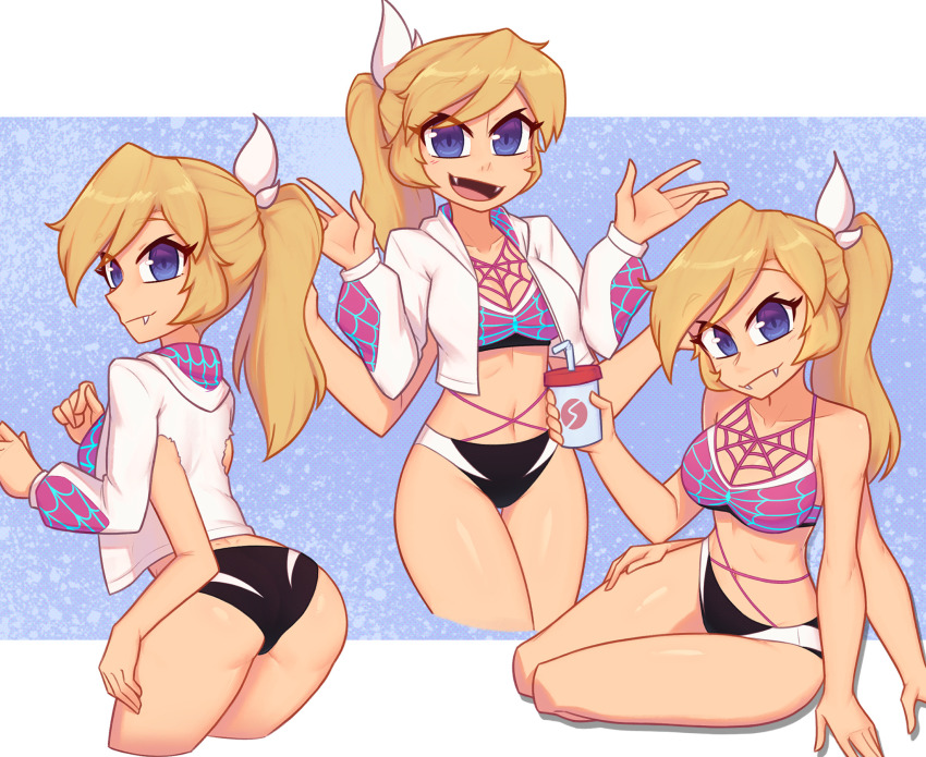 1girl, arthropod_girl, ass, back, bikini, blonde_hair, blue_background, blush