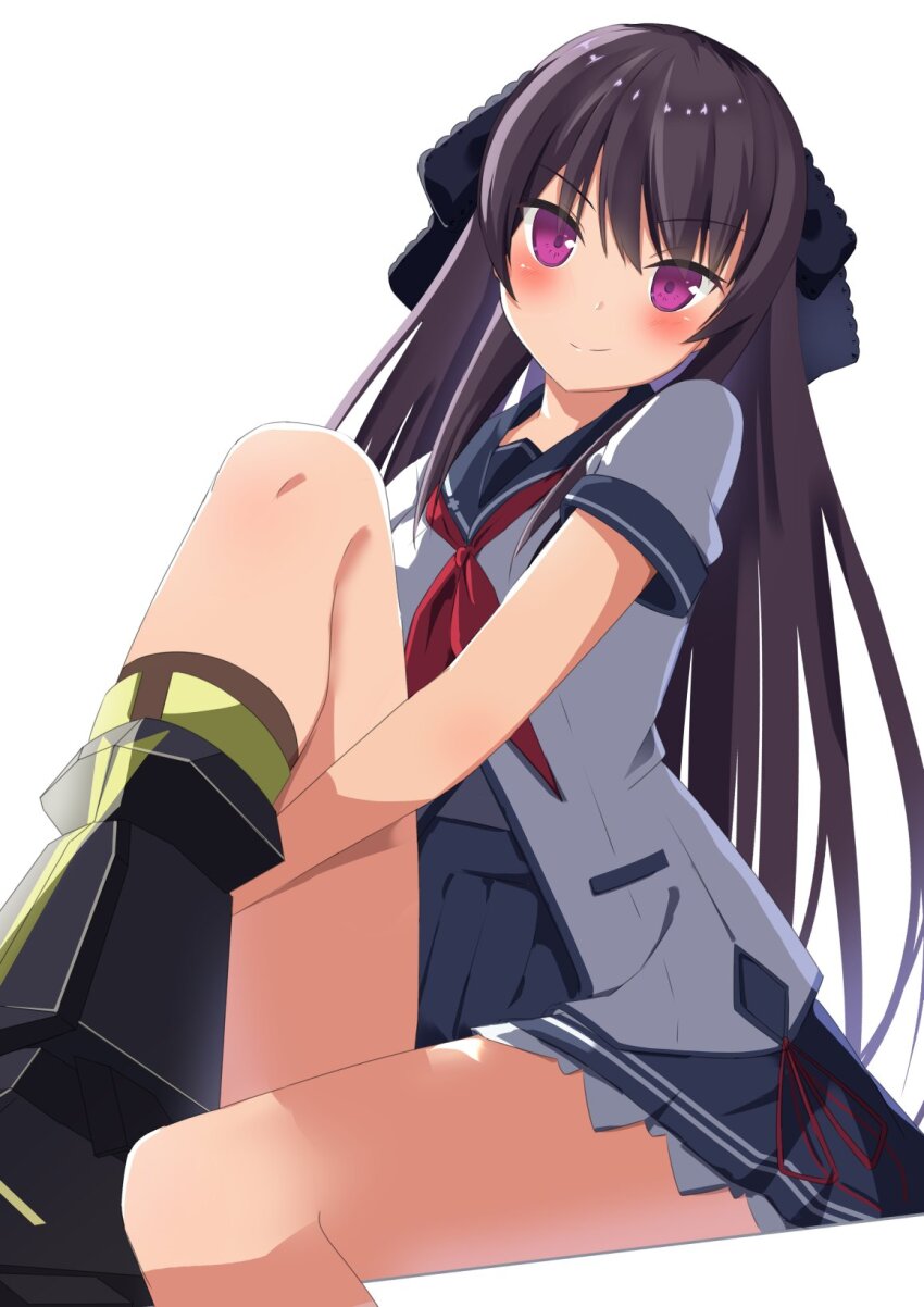 >:), 1girl, ao_no_kanata_no_four_rhythm, black_hair, black_ribbon, blue_sailor_collar, blush, closed_mouth, commentary_request, feet_out_of_frame, hair_ribbon, highres, hugging_own_legs, knee_up, long_hair, looking_at_viewer, miniskirt, neckerchief, pleated_skirt, pnsk4125, purple_eyes, red_neckerchief, ribbon, sailor_collar, school_uniform, serafuku, shirt, short_sleeves, simple_background, sitting, skirt, smile, smirk, solo, split_mouth, tobisawa_misaki, v-shaped_eyebrows, very_long_hair, white_background, white_shirt