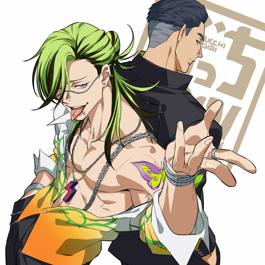 2boys, abs, bracelet, bucchigiri, butterfly_tattoo, chain, chain_necklace, collarbone, copyright_name, ear_piercing, face_piercing, gakuran, green_hair, hair_bun, half_updo, highres, jewelry, long_hair, looking_at_another, male_focus, marito_jin, mouth_piercing, multicolored_hair, multiple_boys, multiple_piercings, necklace, off_shoulder, outa_(bucchigiri), piercing, school_uniform, streaked_hair, talgi, tattoo, toned, toned_male, tongue, tongue_out, undercut